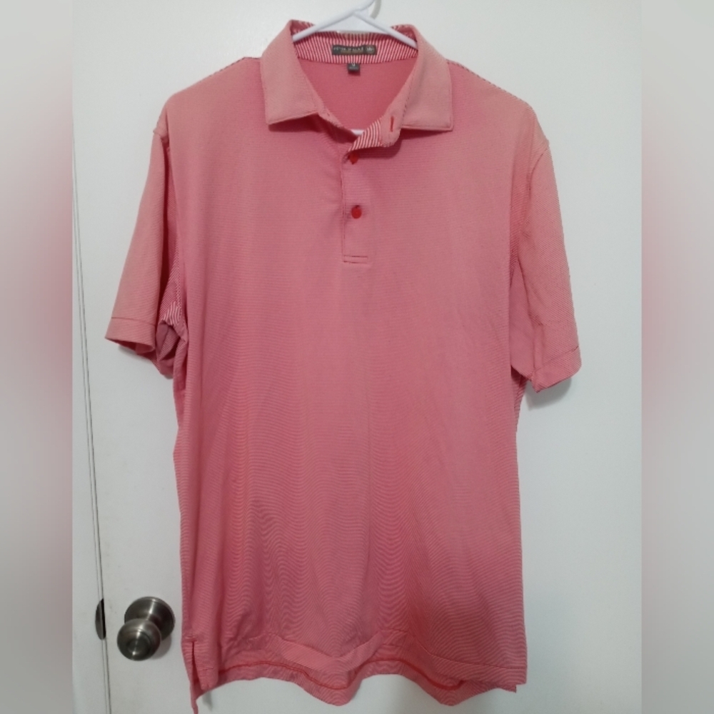 Peter Millar Summer Comfort Short sleeve pink white pinstripe Golf Polo Medium